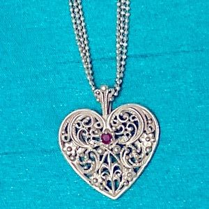 Filigree Sterling Silver Ruby Heart w/3 row chain